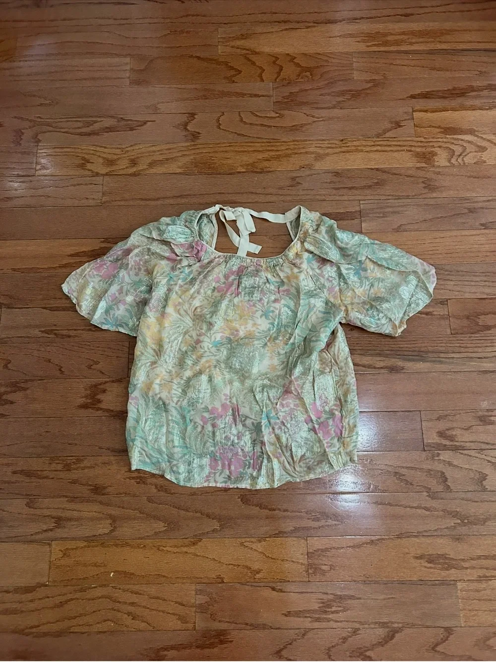 LOFT Metallic Floral Puff Sleeve Peasant Blouse Top Medium Cottagecore Romantic